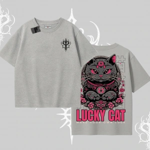 Lucky Cat Japon Tarzı Kedi Baskılı Oversize Tshirt