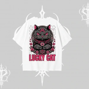 Lucky Cat Japon Tarzı Kedi Baskılı Oversize Tshirt