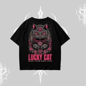 Lucky Cat Japon Tarzı Kedi Baskılı Oversize Tshirt