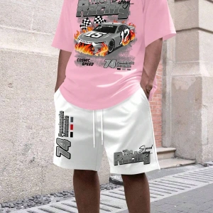 Manfinity EMRG Erkek Günlük Araba Harf Baskılı Kısa Kollu Tişört Ve Şort Takımı