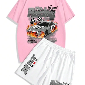 Manfinity EMRG Erkek Günlük Araba Harf Baskılı Kısa Kollu Tişört Ve Şort Takımı