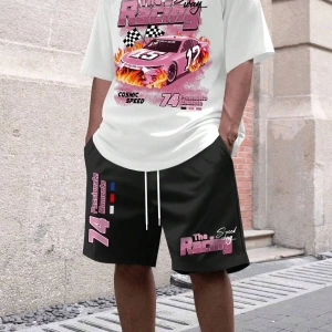 Manfinity EMRG Erkek Harf ve Araba Baskılı Rahat Yuvarlak Yaka Kısa Kollu