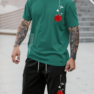 Manfinity Homme 2 Adet/Takım Erkek Çiçek Desenli Tişört Ve Şort Takımı