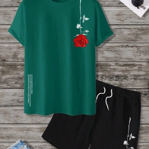 Manfinity Homme 2 Adet/Takım Erkek Çiçek Desenli Tişört Ve Şort Takımı