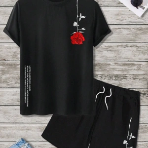 Manfinity Homme 2 Adet/Takım Erkek Çiçek Desenli Tişört Ve Şort Takımı