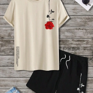 Manfinity Homme 2 Adet/Takım Erkek Çiçek Desenli Tişört Ve Şort Takımı