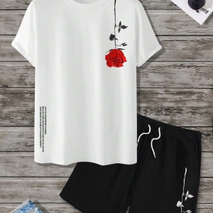 Manfinity Homme 2 Adet/Takım Erkek Çiçek Desenli Tişört Ve Şort Takımı