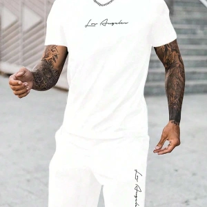 Manfinity Homme Beyaz Örme Erkek Kısa Kollu Tişört ve Şort Takımı