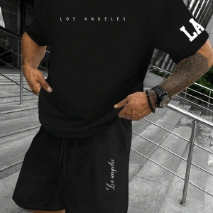 Manfinity Homme Erkek Basit Harfli Grafik Tişört ve Şort Takımı