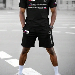 Manfinity Homme Erkek Slogan Baskılı Tişört Ve Şort Takımı