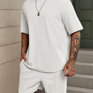 Manfinity Homme Loose Fit Erkek Düz Renk Düşük Omuzlu Tişört ve Şort