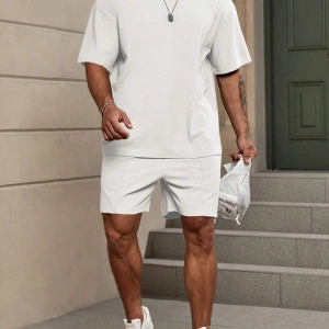 Manfinity Homme Loose Fit Erkek Düz Renk Düşük Omuzlu Tişört ve Şort