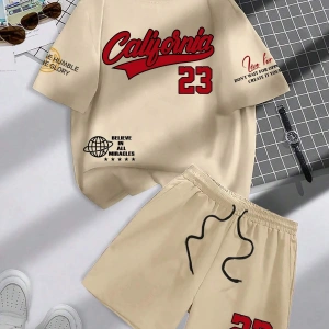 Manfinity Hypemode Erkek Günlük Mektup Baskılı Kısa Kollu Tişört ve Şort TakımıTişört Ve Şort Takımı