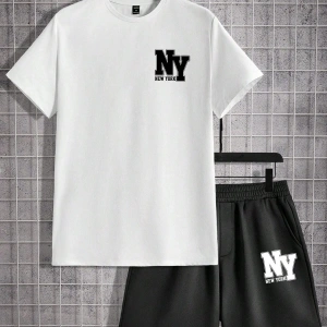 Manfinity Hypemode Erkek Yazlık Rahat Örme Kısa Kollu Tişört ve Şort Harf Baskılı