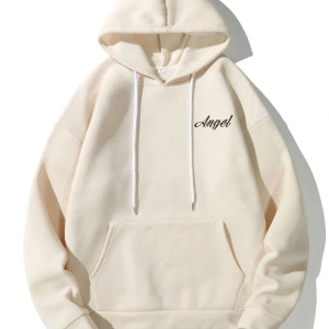 Manfinity Hypemode Letter & Figure Graphic Kangaroo Pocket Drawstring Hoodie Bej