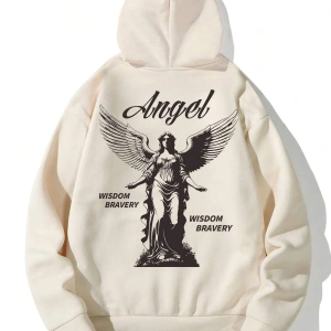 Manfinity Hypemode Letter & Figure Graphic Kangaroo Pocket Drawstring Hoodie Bej