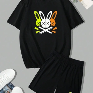 Manfinity LEGND Erkek Tatil Komik Karikatür Tavşan Baskılı Kısa Kollu Tişört Ve Şort Takımı