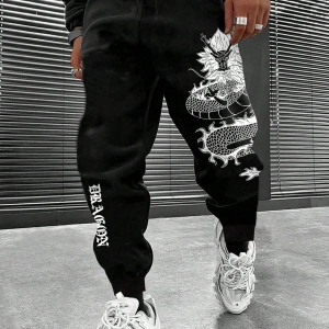 Manfinity Men Plus Çin Ejderha Baskılı Bel İpli Eşofman Altı