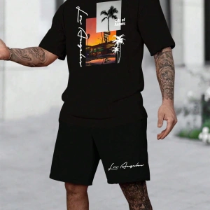 Manfinity RSRT Erkek Yaz Palmiye Ağacı Mektup Tişört Ve Şort Takımı