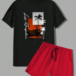 Manfinity RSRT Erkek Yaz Palmiye Ağacı Mektup Tişört Ve Şort Takımı