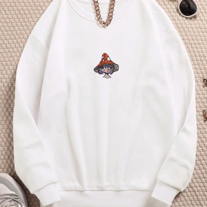 Mantar Kız Renkli Oversize Bisiklet Yaka Pamuklu Sweatshirt Beyaz