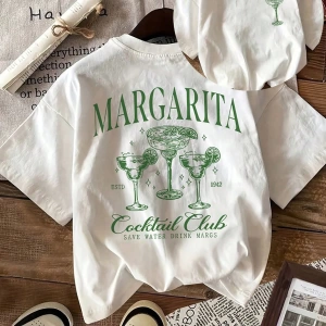 Margarita Grafik Yuvarlak Yaka Kısa Kollu Tişört Kadınlar İçin, Günlük Yaz Plaj Kıyafetleri