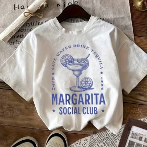 Margarita Kokteyl Baskılı Bahar Kıyafetleri Kadın Rahat Yuvarlak Yaka Kısa Kollu Tişört