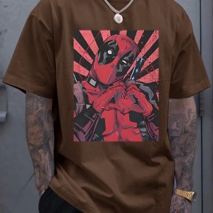 Marvel Erkek Basit Kalp Şekli Deadpool Grafik Baskılı Yuvarlak Yaka Kısa Kollu Yazlık Siyah T