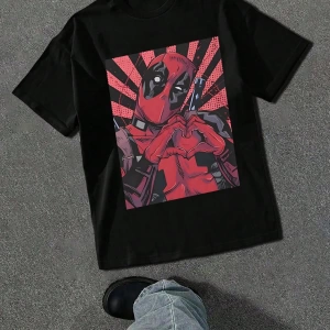 Marvel Erkek Basit Kalp Şekli Deadpool Grafik Baskılı Yuvarlak Yaka Kısa Kollu Yazlık Siyah T