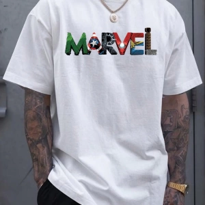 Marvel Erkek Basit Marvel Grafik Baskılı Yuvarlak Yaka Kısa Kollu Siyah Tişört, Yaz