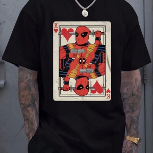 Marvel Erkek Basit Poker Deadpool Grafik Baskılı Yuvarlak Yaka Kısa Kollu Tişört, Siyah, Yaz