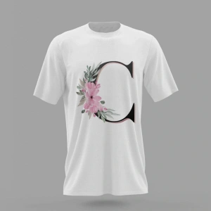 MAVİ C Harfi Baş Harf Pembe Çiçekli Baskılı T-shirt PNRMTSHRT4491