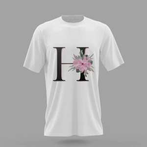 MAVİ H Harfi Baş Harf Pembe Çiçekli Baskılı T-shirt PNRMTSHRT4497