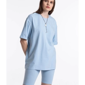 Mavi Renkli, Düz, Kısa Kollu Boyfriend Örme T-shirt