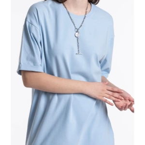 Mavi Renkli, Düz, Kısa Kollu Boyfriend Örme T-shirt
