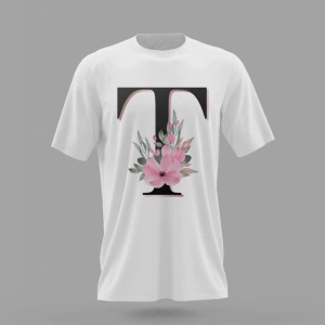MAVİ T Harfi Baş Harf Pembe Çiçekli Baskılı T-shirt PNRMTSHRT4485