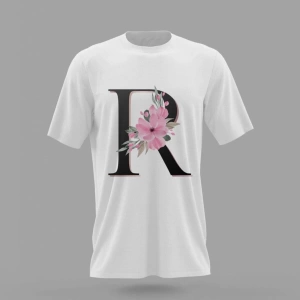 MAVİ Unisex R Harfi Baş Harf Pembe Çiçekli Baskılı T-shirt PNRMTSHRT4482