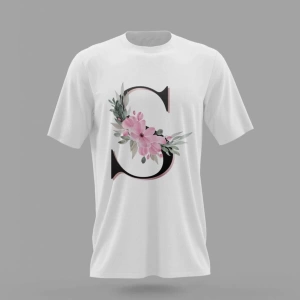 MAVİ Unisex S Harfi Baş Harf Pembe Çiçekli Baskılı T-shirt PNRMTSHRT4483