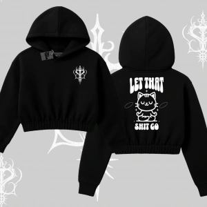 Meditasyon Yapan Kedi Baskılı Kapşonlu Crop Sweatshirt