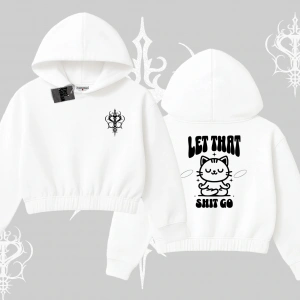 Meditasyon Yapan Kedi Baskılı Kapşonlu Crop Sweatshirt