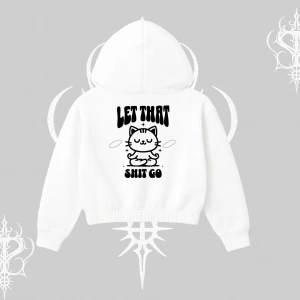 Meditasyon Yapan Kedi Baskılı Kapşonlu Crop Sweatshirt