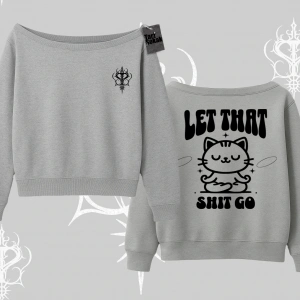 Meditasyon Yapan Kedi Baskılı Kayık Yaka Sweatshirt