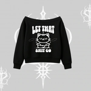 Meditasyon Yapan Kedi Baskılı Kayık Yaka Sweatshirt