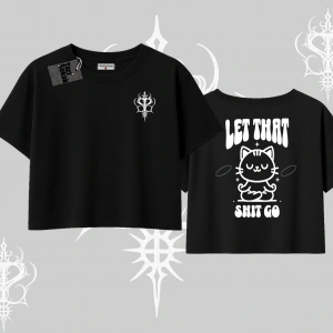 Meditasyon Yapan Kedi Baskılı Oversize Crop Tshirt