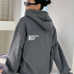 Mektup Grafik Damla Omuz İpli Kapüşonlu Üst Gri