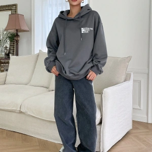 Mektup Grafik Damla Omuz İpli Kapüşonlu Üst Gri