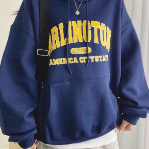 Mektup Grafik Damla Omuz Kanguru Cep İpli Hoodie Tee Olmadan MAVİRENK