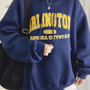 Mektup Grafik Damla Omuz Kanguru Cep İpli Hoodie Tee Olmadan MAVİRENK