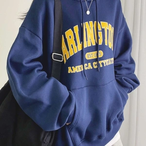 Mektup Grafik Damla Omuz Kanguru Cep İpli Hoodie Tee Olmadan MAVİRENK