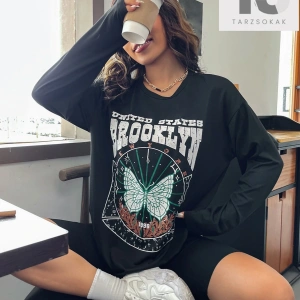 Mektup ve Kelebek Desenli Damla Omuz Tişört